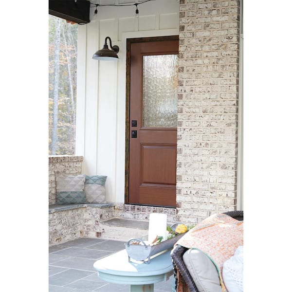 36 in. x 80 in. Right-Hand 1/2 Lite Vapor Decorative Glass Mocha Stain Fiberglass Prehung Front Door with Brickmould
