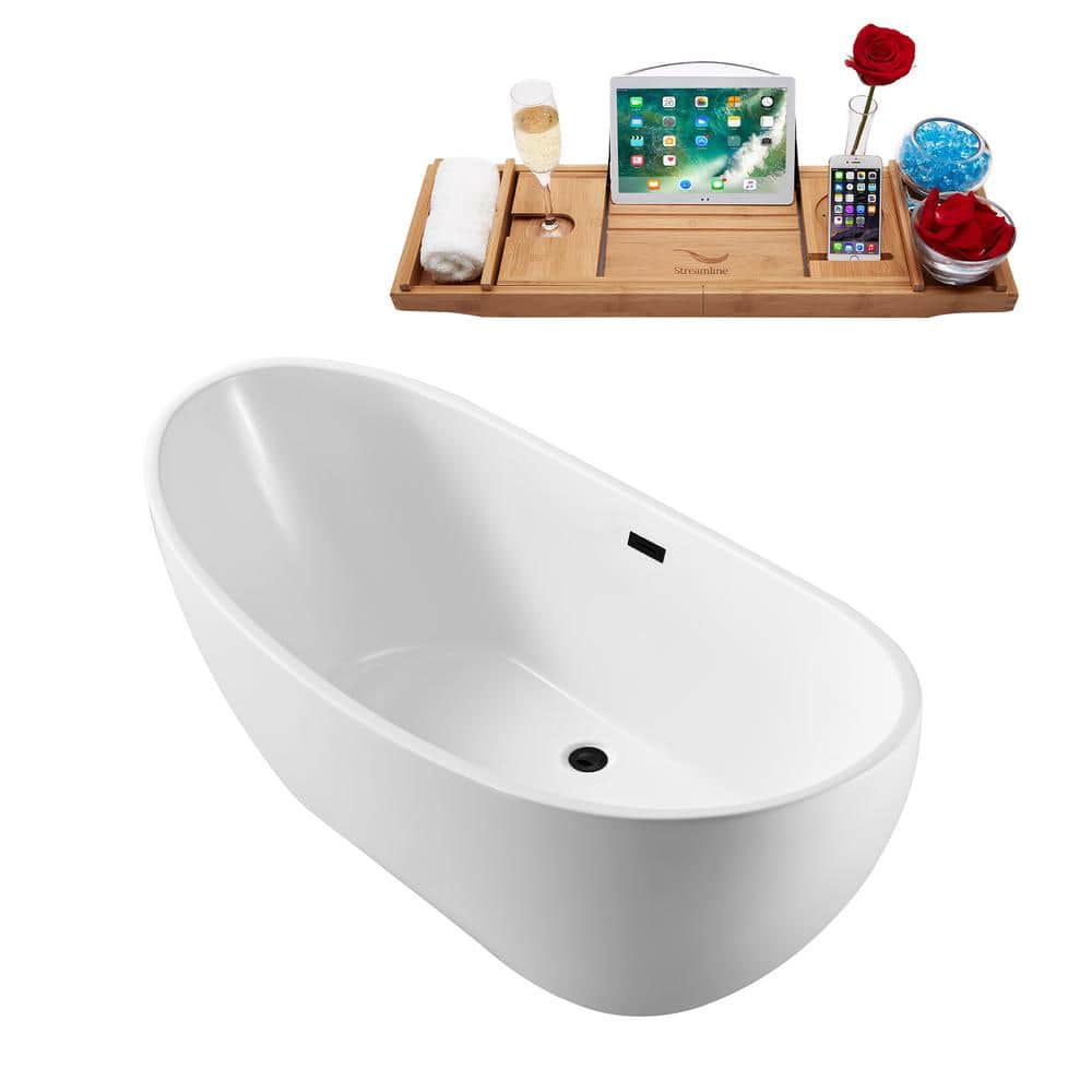62" White Acrylic Freestanding Soaking Bathtub with Bamboo Tray