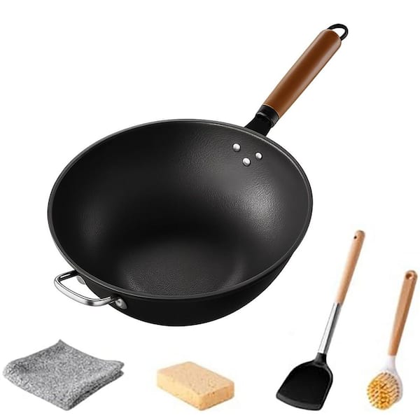 Wok Pan 13" Nonstick Black Carbon Steel, Pre-Seasoned Wheat-Ear Texture, All Cooktops, with Spatula & Cleaning Tools