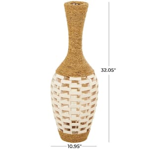 32 in. Brown Handmade Wrapped Tall Floor Seagrass Decorative Vase with Open Framed Cream Bamboo Center