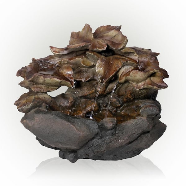 Alpine Corporation 10 in. Tall Cascading Leaf and Stone Indoor Tabletop Waterfall Fountain with LED Lights