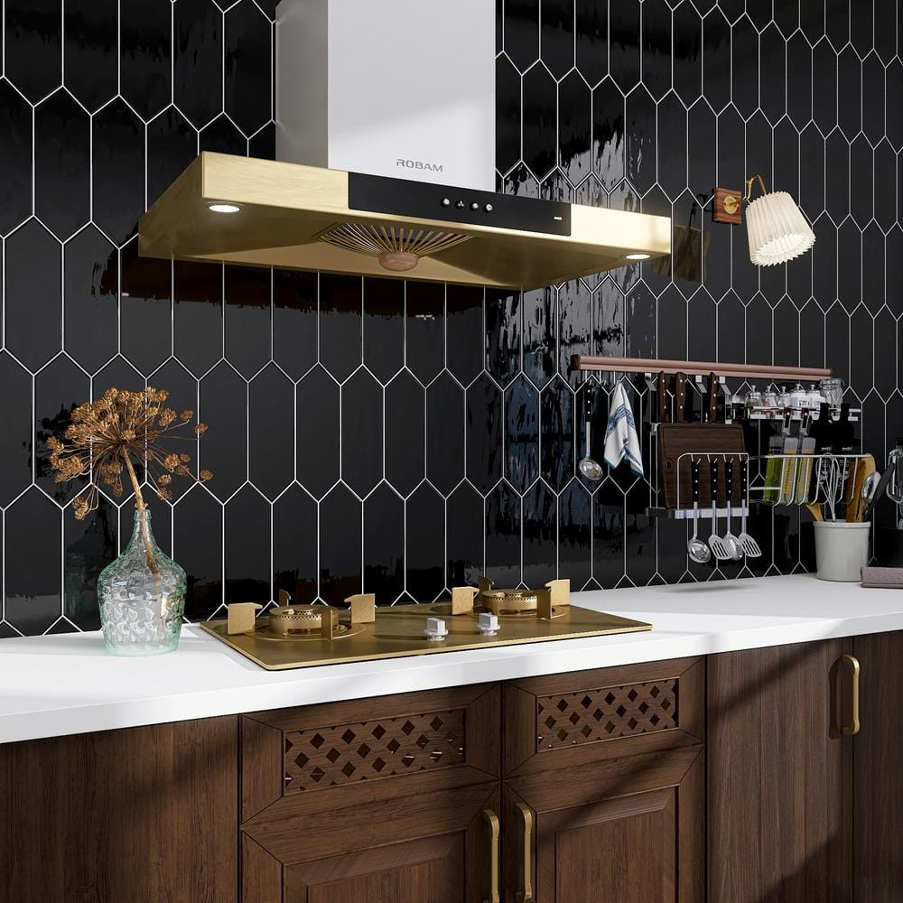 Taylor Black Polished Ceramic Picket Wall Tile 4x12
