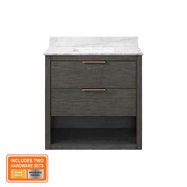 Kortine 36 in. Single Sink Black Oak Bath Vanity with White Natural Carrara Top (Assembled)