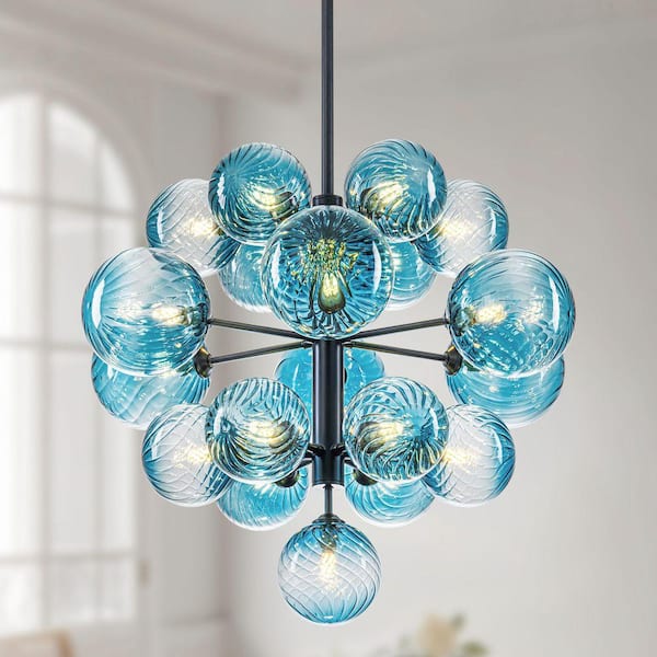 Bublume 19-Light Black Modern Artistic Gradient Blue Swirled Glass Bubble Chandelier, Tiered Textured Globe Cluster