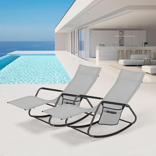 Unbranded Fabric Metal Lounge Chairs with Side Pocket for Patio, Lawn, Pool, Outdoor Lounge Chairs, Light Grey (Set of 2)