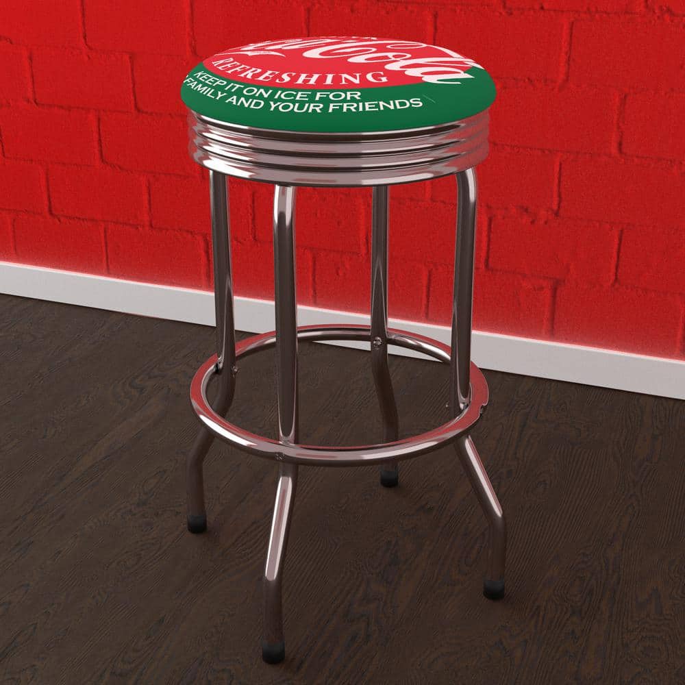 Coca-Cola Ice Cold Bottle 29 in. Green Backless Metal Bar Stool with Vinyl 