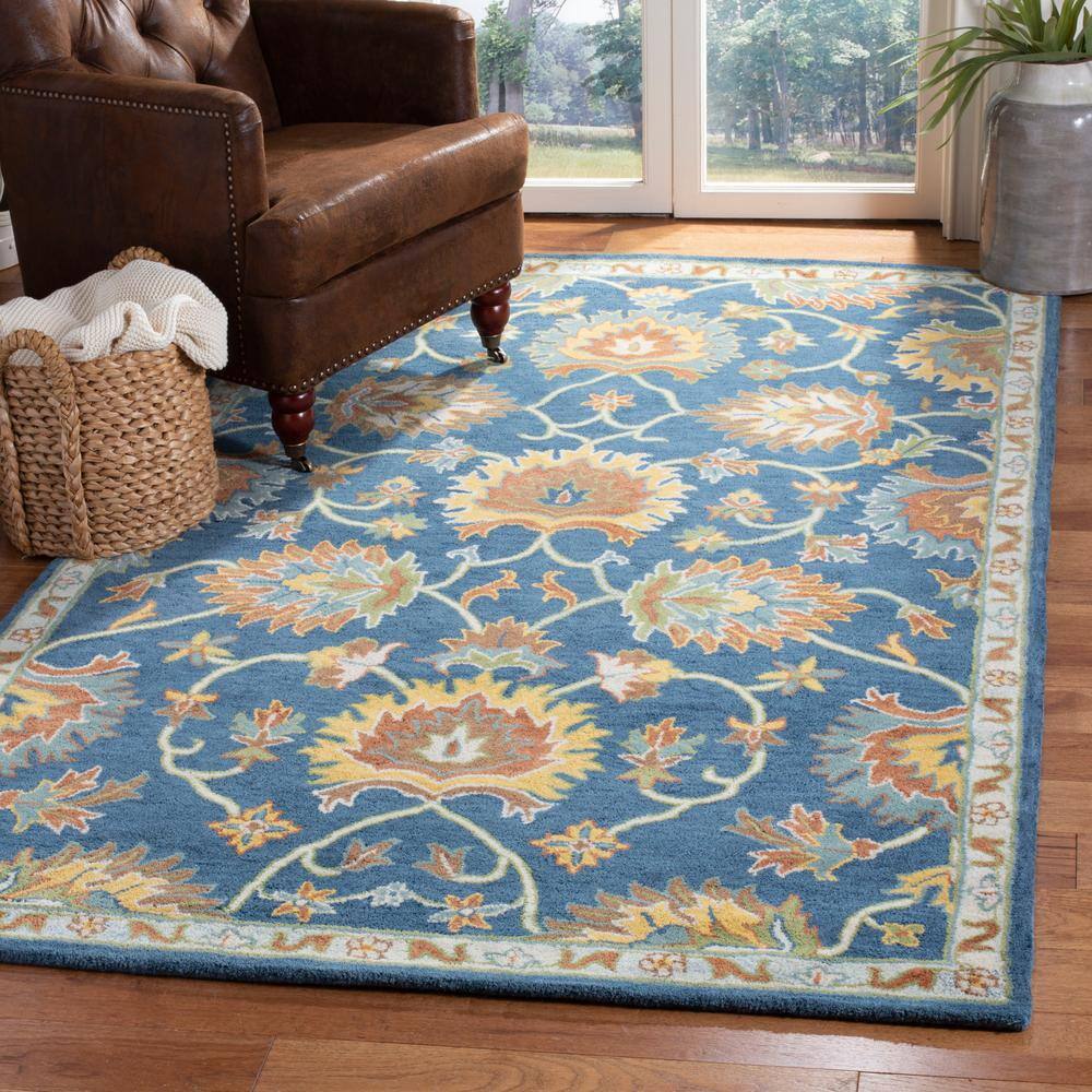 Navy Blue Hand-Tufted Wool Rectangular Floral Area Rug 3' x 5'