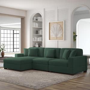 118 in. Square Arm 3-Piece Corduroy Upholstered L-Shaped Sectional Sofa in Hunter Green with Pillows