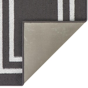 Washable Non-Skid Dark Grey and White 26 in. x 60 in. Border Accent Rug