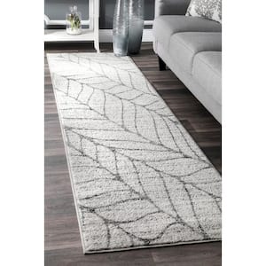 Leaves Light Gray 2 ft. 6 in. x 6 ft. Abstract Indoor Runner Rug