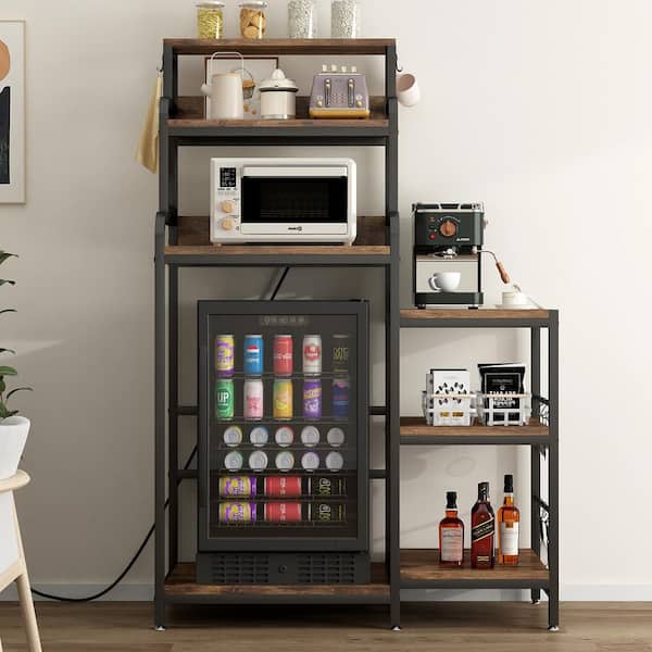 7-Tier Brown Wood Plant Stand,Mini Fridge & Microwave Stand with 2