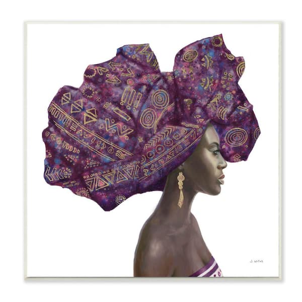 Stupell Industries "Female Portrait Strong Headwrap Purple Gold Artwork" by James Wiens Unframed People Wood Wall Art Print 12 in. x 12 in.