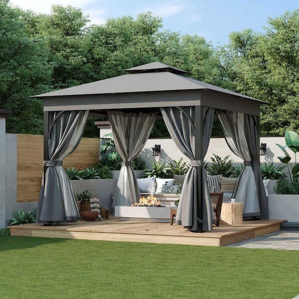 10 ft. x 10 ft. Gray Outdoor Gazebo Tent with Double Roofs, Mosquito Netting, Privacy Screens