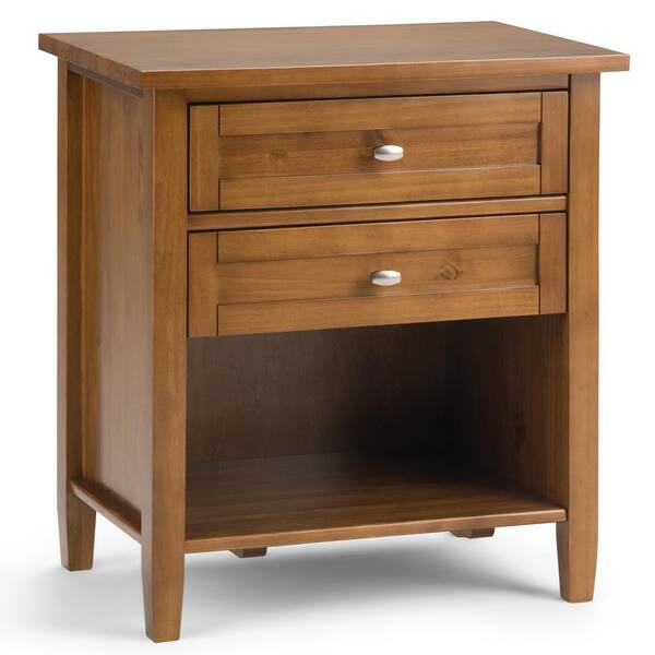 Simpli Home Warm Shaker 24 in. Wide 2-Drawer Light Golden Brown Solid Wood Transitional Bedside Nightstand Table
