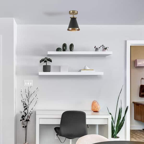 Mia 6.5 in. 1-Light Matte Black Semi-Flush Mount with Matte Brass Accent