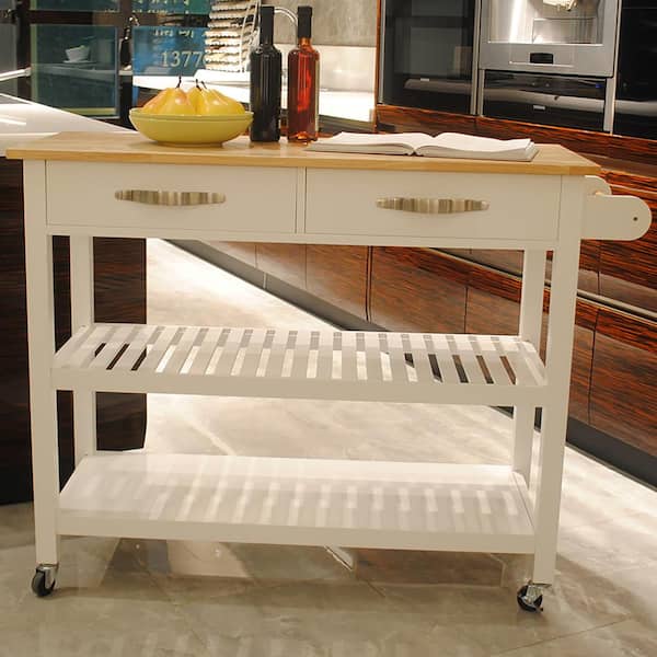 Staykiwi White MDF Kitchen Cart with 2-Lockable Wheels, Rubber Wood Top