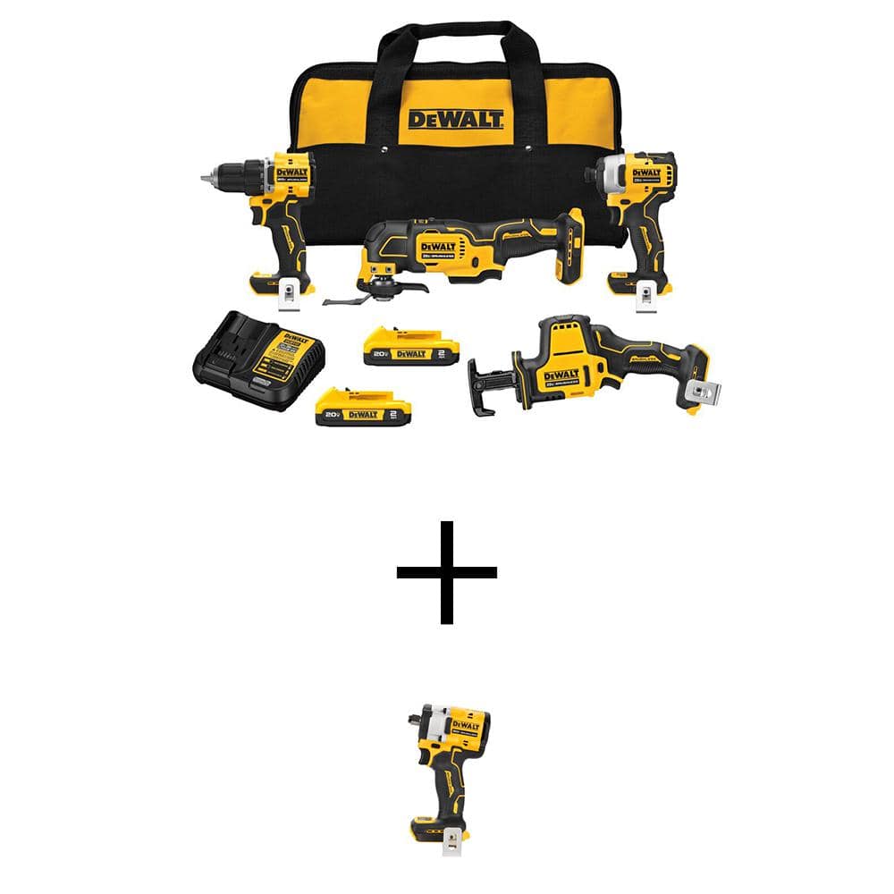 DEWALT ATOMIC 20V Lithium-Ion Cordless Brushless Combo Kit 4-Tool and 1/2 in. Impact Wrench with (2) 2Ah Batteries and Charger -  DCK486D2WCF921B