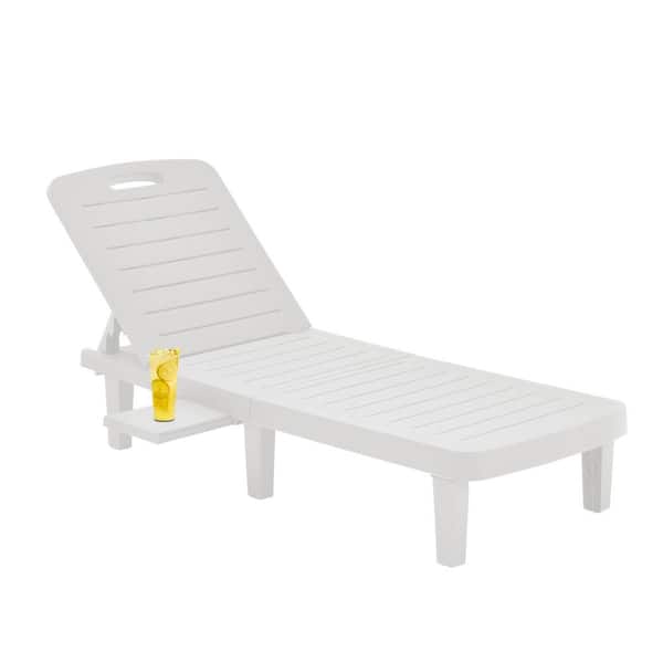 ITOPFOX Reclining and Adjustable Backrest Lounge Chair White Plastic Outdoor Lounge Chair with Side Tray