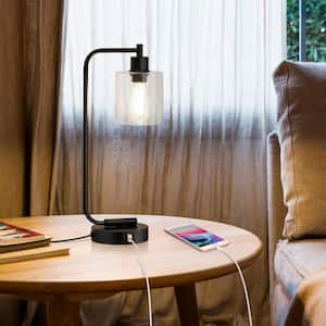 19 in. Black Metal Dimmable Touch Control Table Lamp with Glass Shade and USB Port