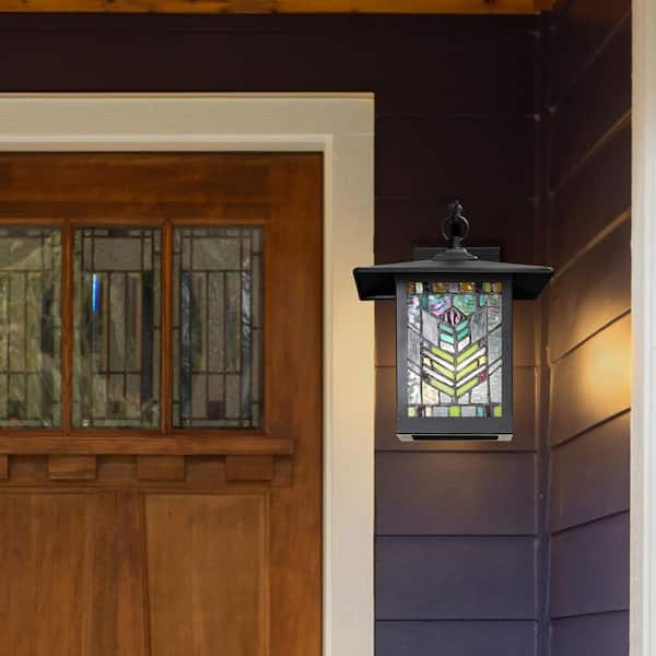 McClain 1-Light Balck Outdoor Hardwired Stained Glass Wall Lantern Sconce