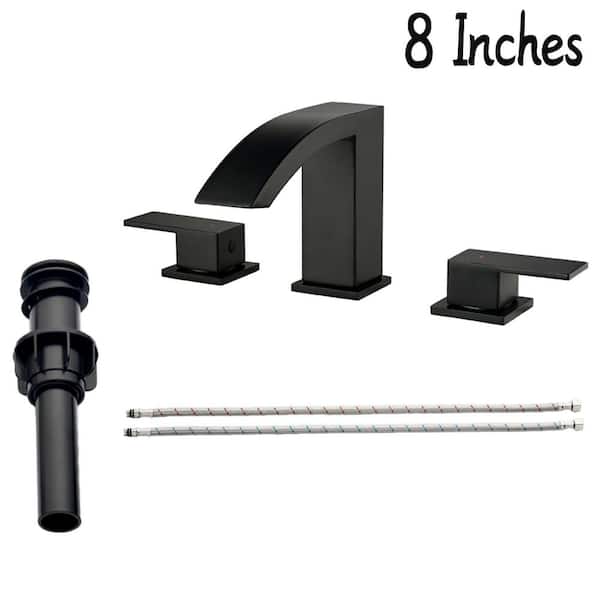 UKISHIRO Dowell 8 in. Waterfall Widespread 2-Handle Bathroom Faucet With Pop-up Drain Assembly in Spot Resist Matte Black