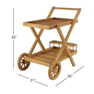 32 in. H Brown Indoor Outdoor Rolling 2 Shelves Bar Cart with Wheels and Handle