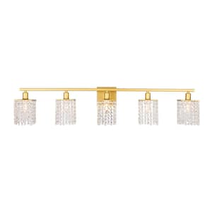 Timeless Home Paige 42 in. W x 8.4 in. H 5-Light Brass and Clear Crystals Wall Sconce