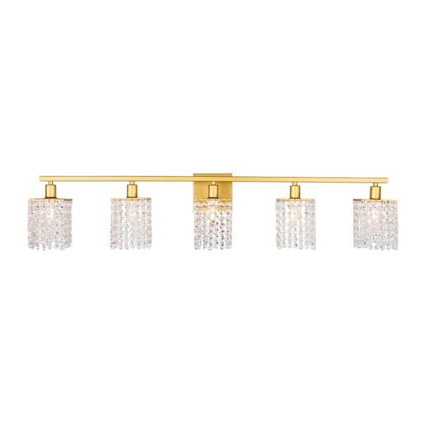Unbranded Timeless Home Paige 42 in. W x 8.4 in. H 5-Light Brass and Clear Crystals Wall Sconce