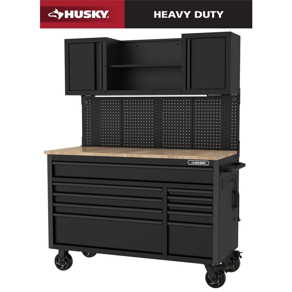 Heavy Duty 56 in. W x 27.6 in. D 10-Drawer Matte Black Mobile Workbench Cabinet with Wood Top, Pegboard and Top Cabinets price history on PriceWatchPro