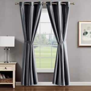Augusta Charcoal Grey 38 in. W x 96 in. L Grommet Blackout Tiebacks Curtain with Sheer Overlay (2-Panels and 2-Tiebacks)