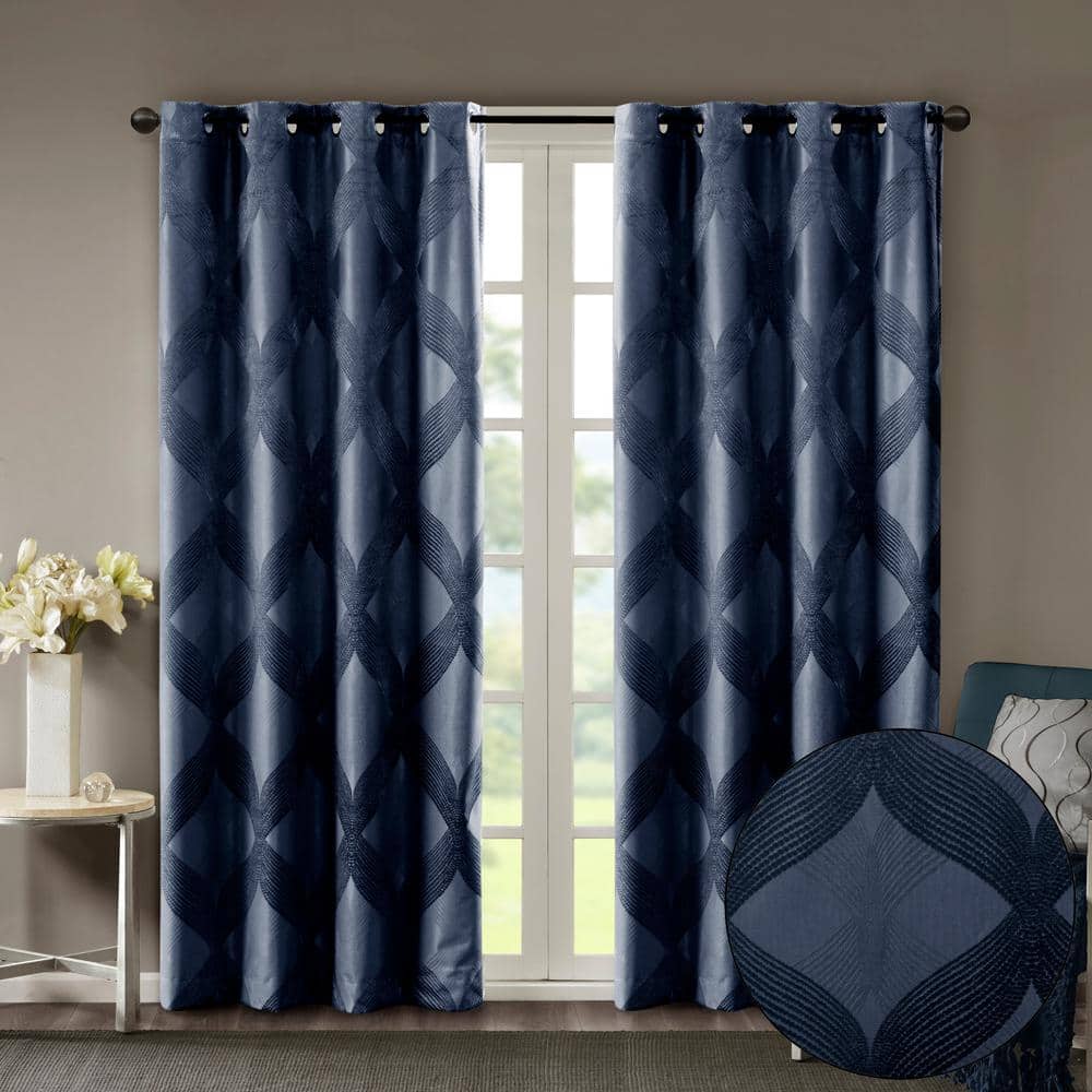 Navy Ogee Knitted Jacquard Blackout Curtain Panel