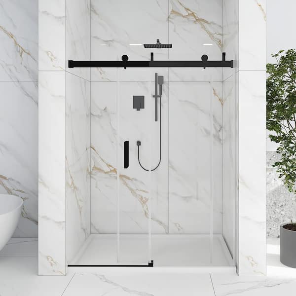 JimsMaison 60 in. W x 76 in. H Single Sliding Frameless Shower Door in Matte Black with Buffer
