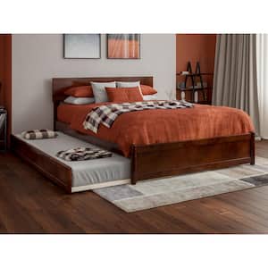Wesley Walnut Brown Solid Wood Frame Full Platform Bed with Panel Footboard and Twin Trundle