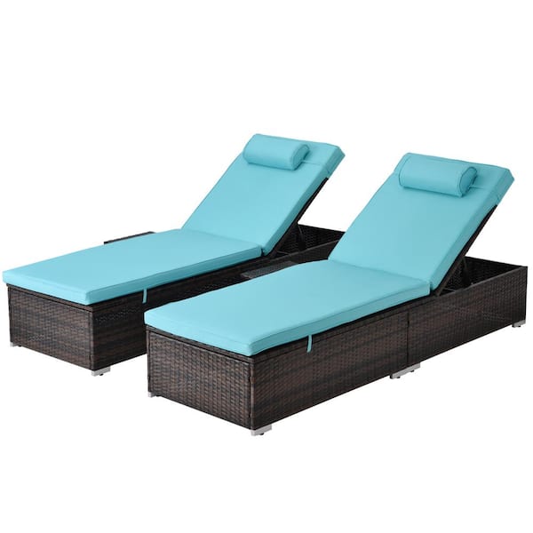 Sudzendf 2-Piece Adjustable Backrest PE Rattan Wicker Outdoor Patio Chaise Lounge with Cup Holder, Blue Cushions