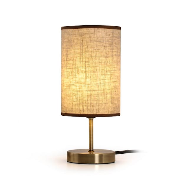 12 in. Antique Brass Small Table Lamp with Beige Round Linen Lampshade for Bedside, Living Room