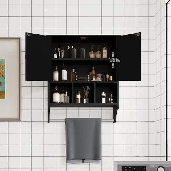 24 in. W x 27.5 in. H Small Rectangular Black Wood Surface Mount Medicine Cabinet without Mirror with Towel Rack