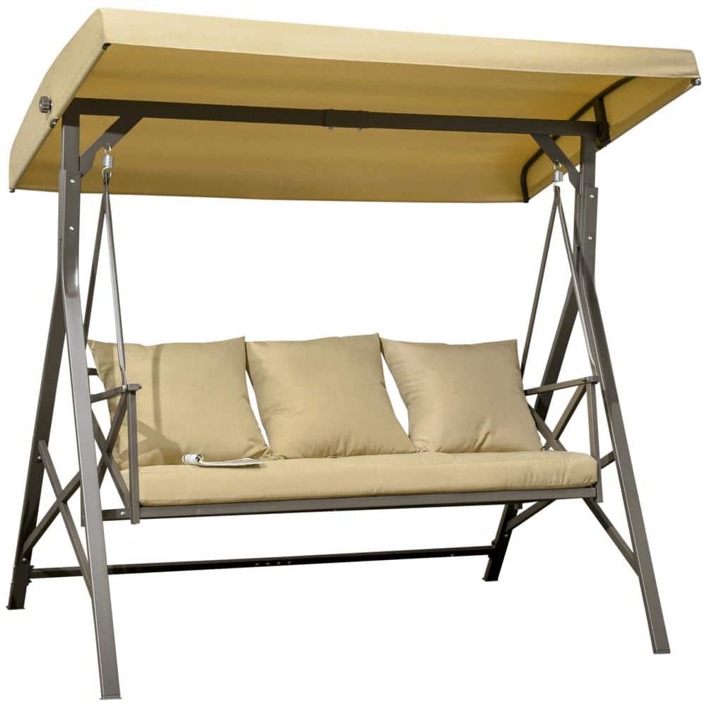 Khaki Cushioned 3-Person Brown Steel Patio Swing with Adjustable Canopy