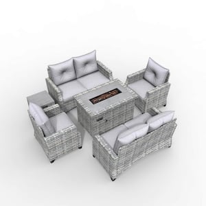 Maxwell 6-Piece Wicker Patio Conversation Set Outdoor Firepit Table with Gray Cushions