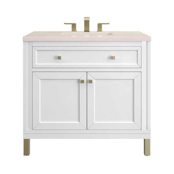 James Martin Vanities Chicago 36.0 in. W x 23.5 in. D x 34 in. H Bathroom Vanity in Glossy White with Eternal Marfil Quartz Top