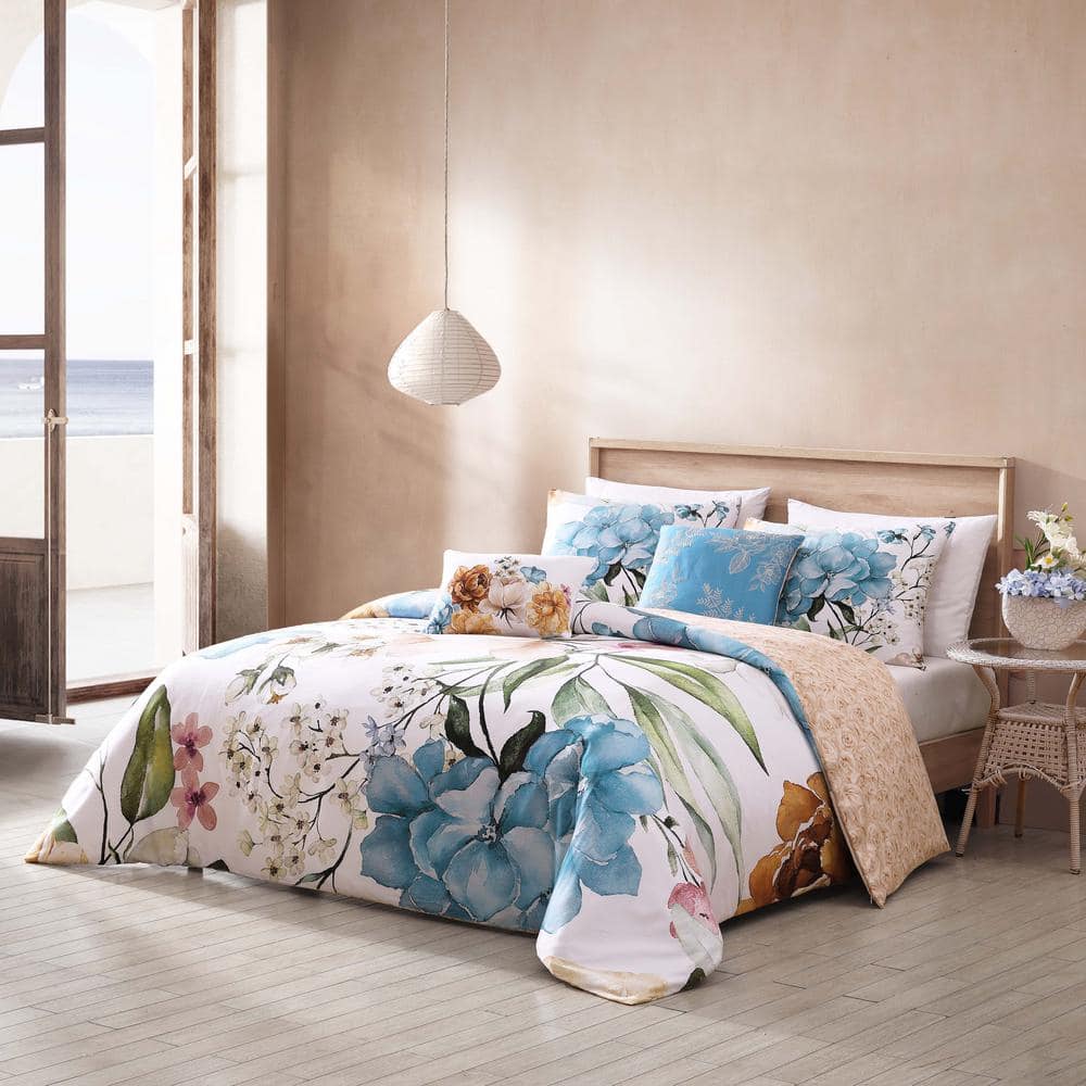 Blush and Blue Cotton Queen Reversible Floral Comforter Set