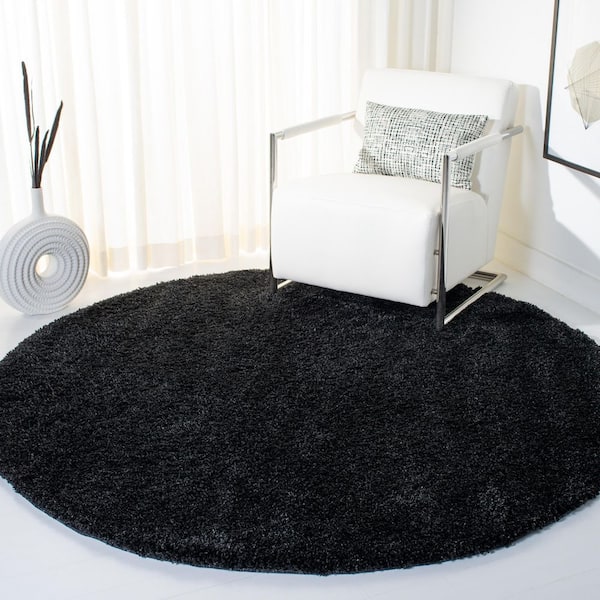 Shag 8 ft. x 8 ft. Black/Ivory Solid Color Round Rug