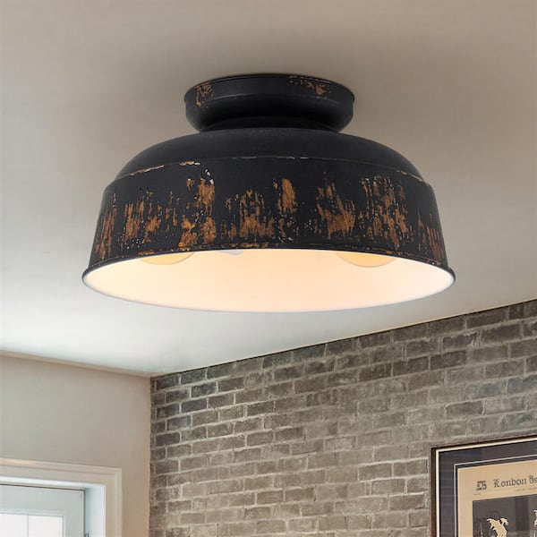 Brittany 14 in. 2-Light Rustic Black Semi-Flush Mount Light with Antique Metal Shade
