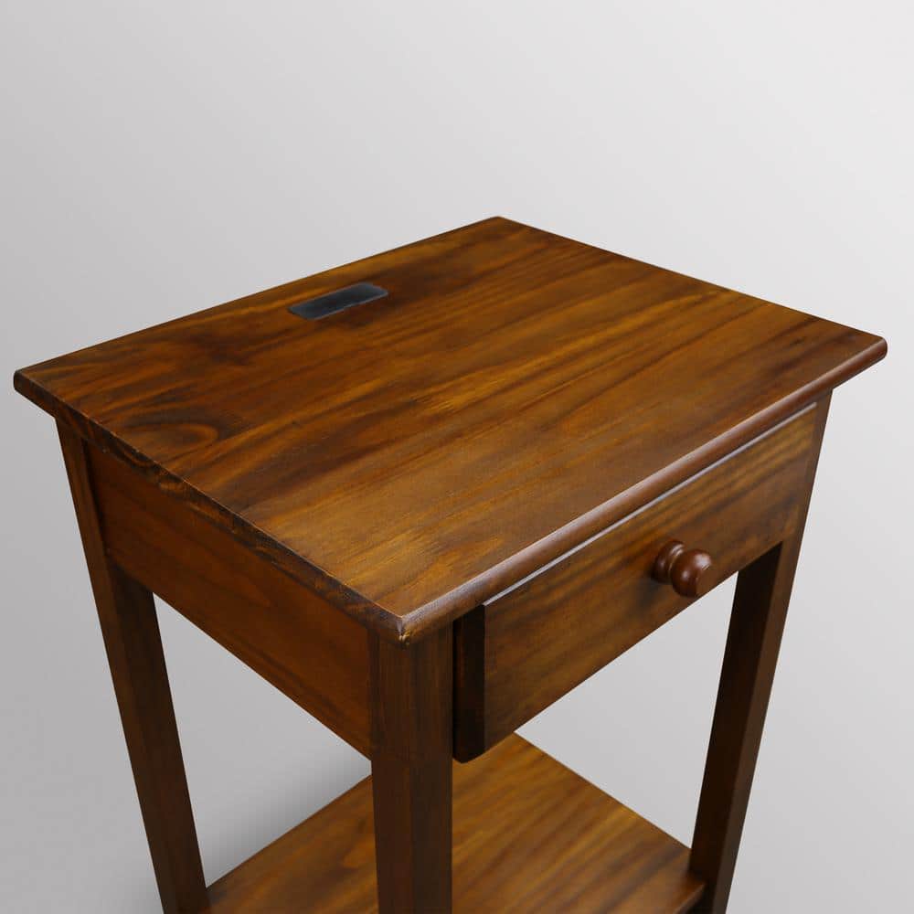Warm Brown Solid Wood Nightstand with USB Charging Station