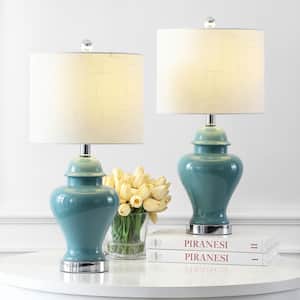 Qin 22 in. Ceramic/Iron Classic Cottage LED Table Lamp Set of 2, Jade Green