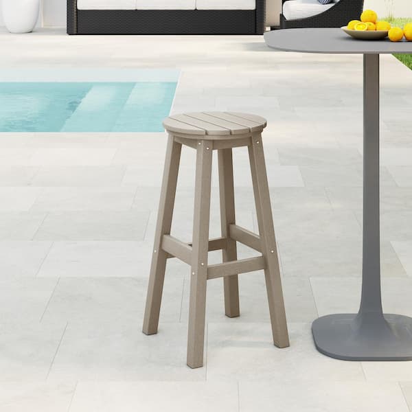 Laguna 29 in. HDPE Plastic All Weather Backless Round Seat Bar Height Outdoor Bar Stool in, Weathered Wood