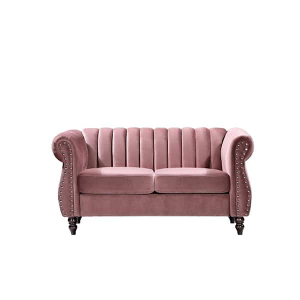 US Pride Furniture Louis 59.1 in. Rose Channel Tufted Velvet 2-Seater Loveseat with Nailheads