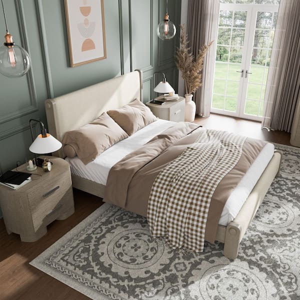 Furniture of America Susan 3-Piece White Oak Wood Frame Queen Panel Bedroom Set with Charging Ports on Nightstand, Round Edges and Feet