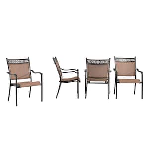 5-Piece Cast Aluminum Round Dining Sling Set with Tile-Top Table and Dark Brown Classic Pattern Sling Chairs