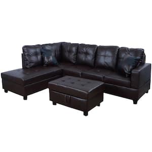 208 in. Square Arm 3-Piece Faux Leather L-Shaped Sectional Sofa in Brown