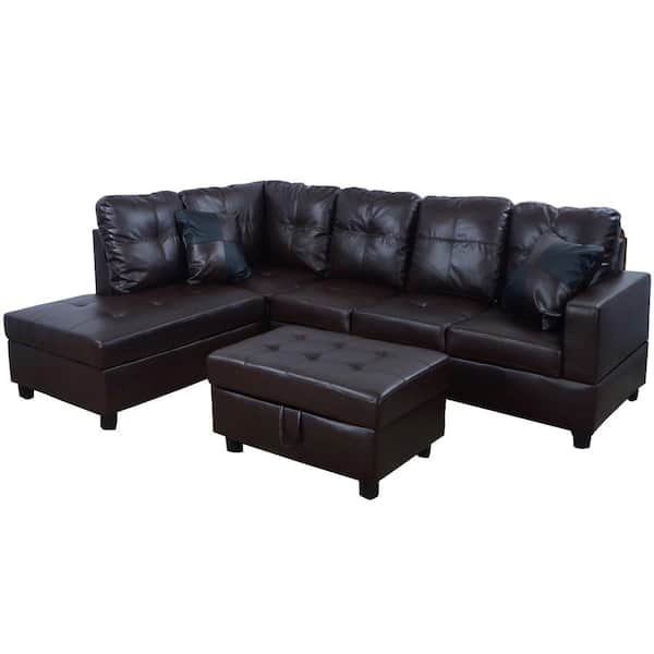 Star Home Living 208 in. Square Arm 3-Piece Faux Leather L-Shaped Sectional Sofa in Brown
